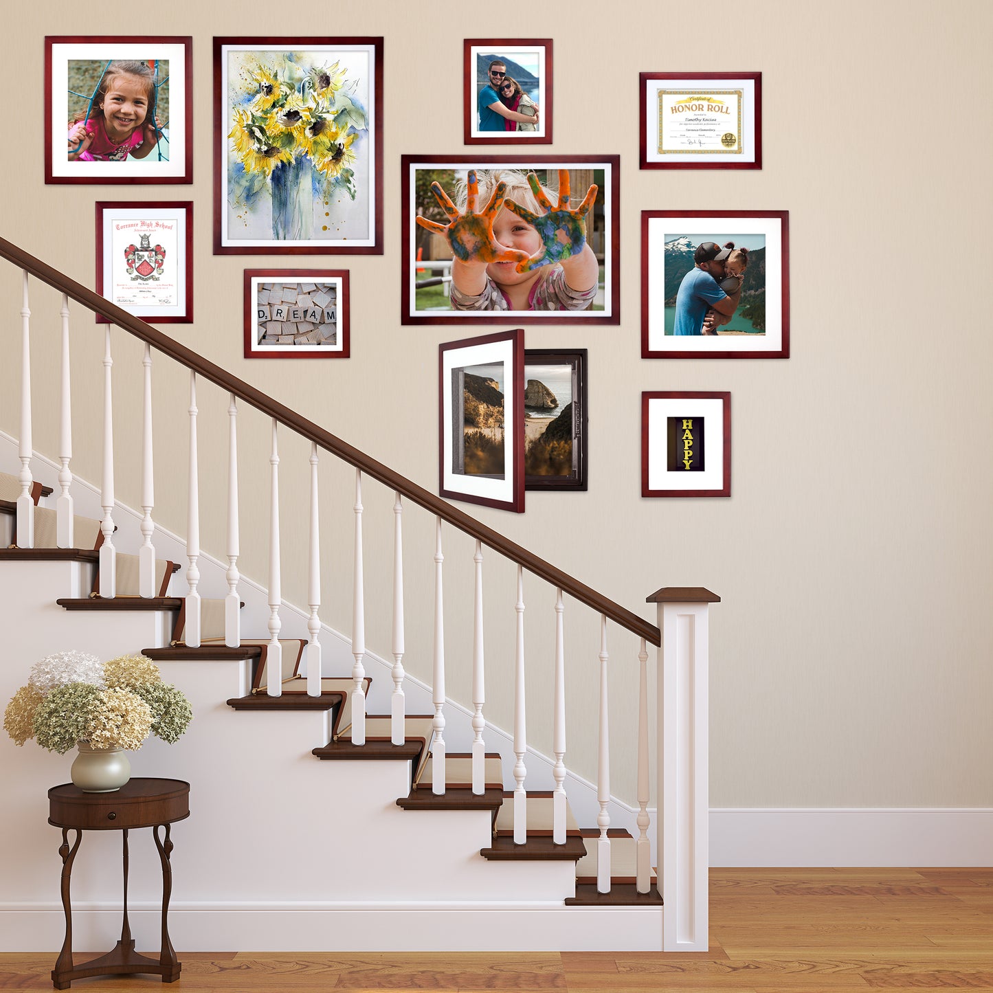An example of our many products on a staircase, shown in Cherry.
